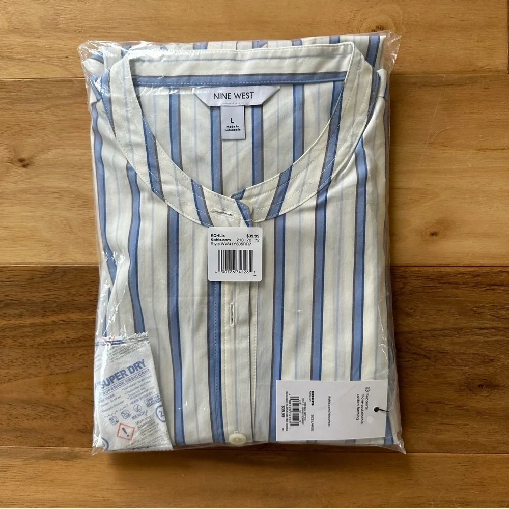 Brand New Women's Nine West Long Sleeve Blue & White Belted Dress, Size L, NWT - Picture 6 of 6
